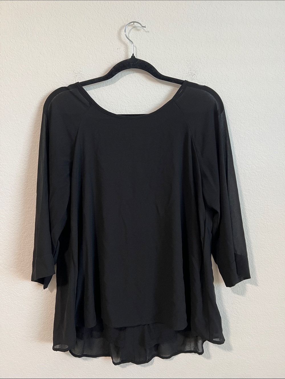Bobeau Women’s Black Blouse - Classic Crew Neck, sheer sleeves, Size M